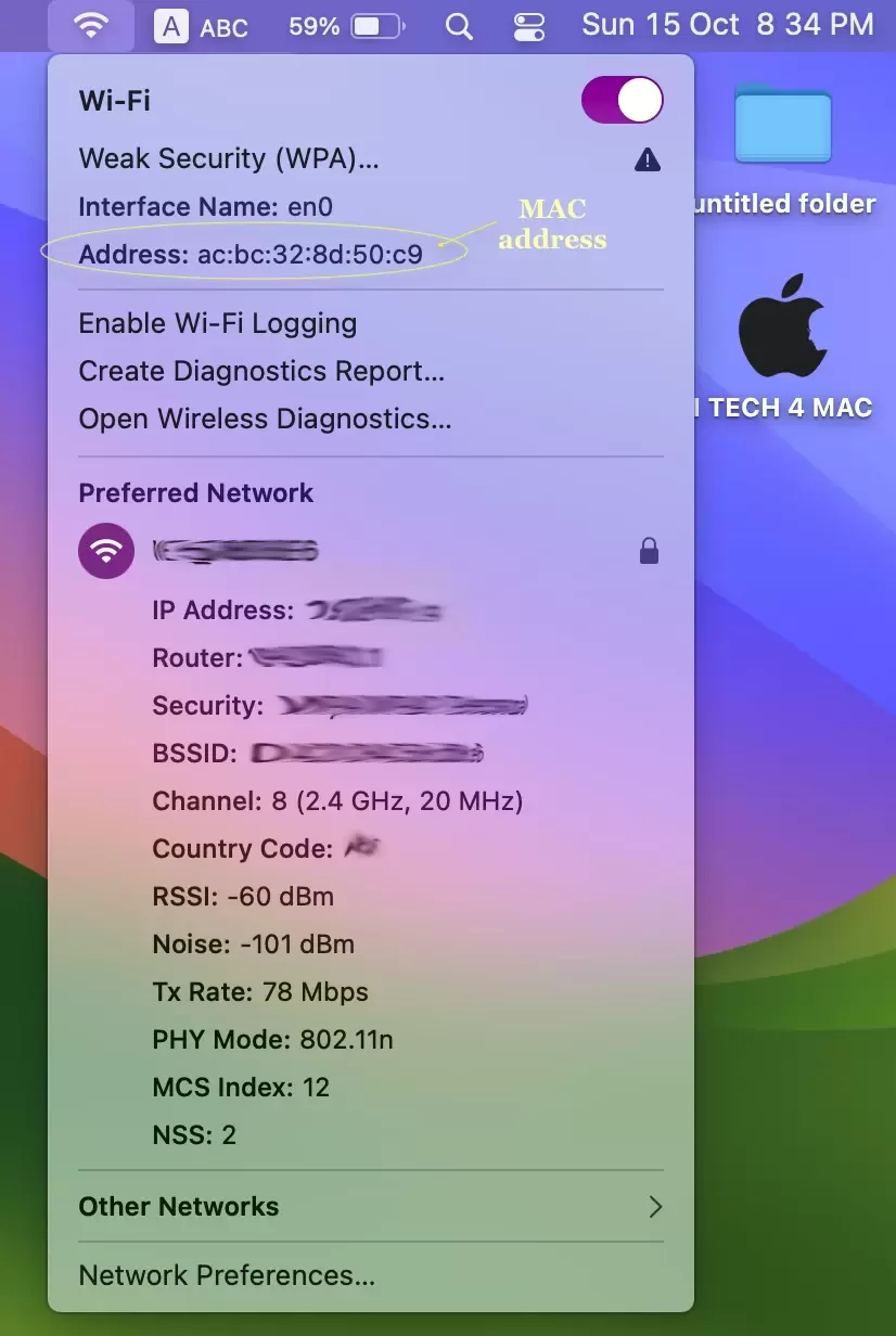 Finding MAC address using menu bar 