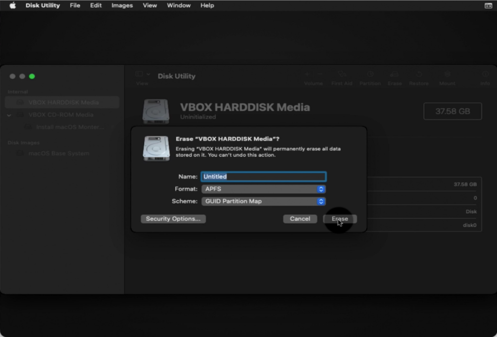 format the virtual hard drive (35 GB) to be suitable for macOS Monterey