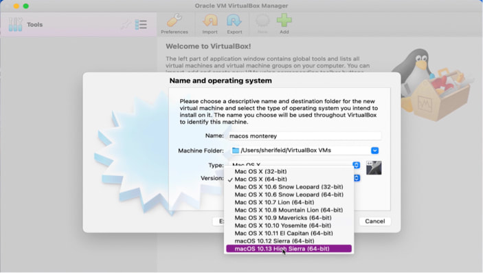 Picture (2): Open VirtualBox, in the main interface press new, then name the virtual machine macOS Monterey. select its version properties as "macOS 10.13 High Sierra"