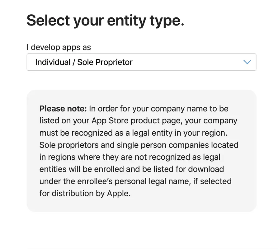 نوع الكيان في برنامج Apple للمطورين