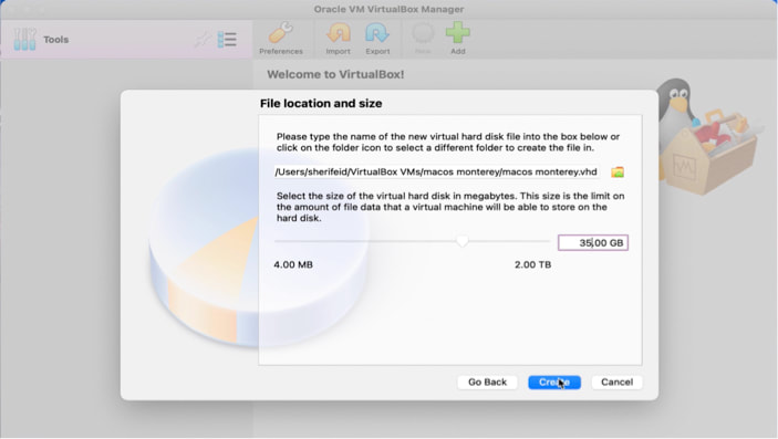Picture (4): Select the hard drive file type to be "VHD (Virtual hard Disk)" and adjust its size to be at least 35 MB.