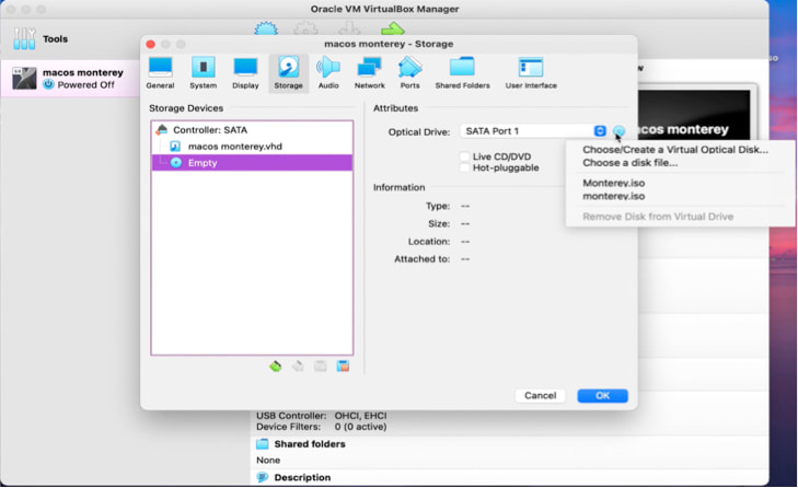 Picture (7): Under the "Storage" icon, select "Monterey.iso" to be mounted as the optical drive.