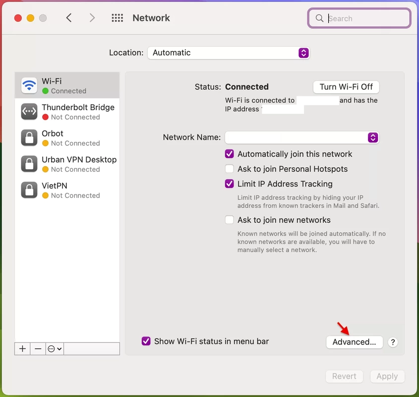 image 3: press on advanced button under network in system preferences