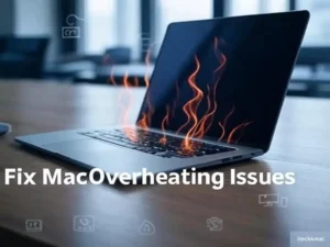 MacBook overheating illustration with solutions guide