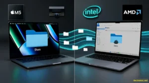 macOS Tahoe MacBook sharing files via SMB to Windows 11 PC with secure data tunnel and network connection