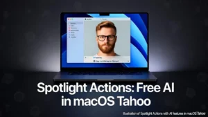 Illustration of Spotlight Actions with AI features in macOS Tahoe.
