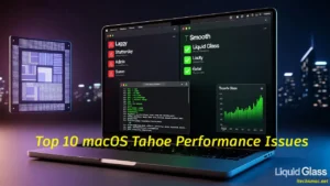 macOS Tahoe performance issues before and after fix: laggy UI vs smooth Liquid Glass interface with Terminal diagnostics
