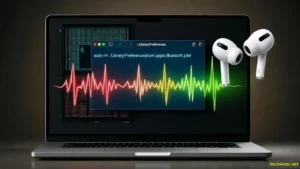 macOS Tahoe Terminal window fixing AirPods crackling audio with Bluetooth reset command and sound wave visualization