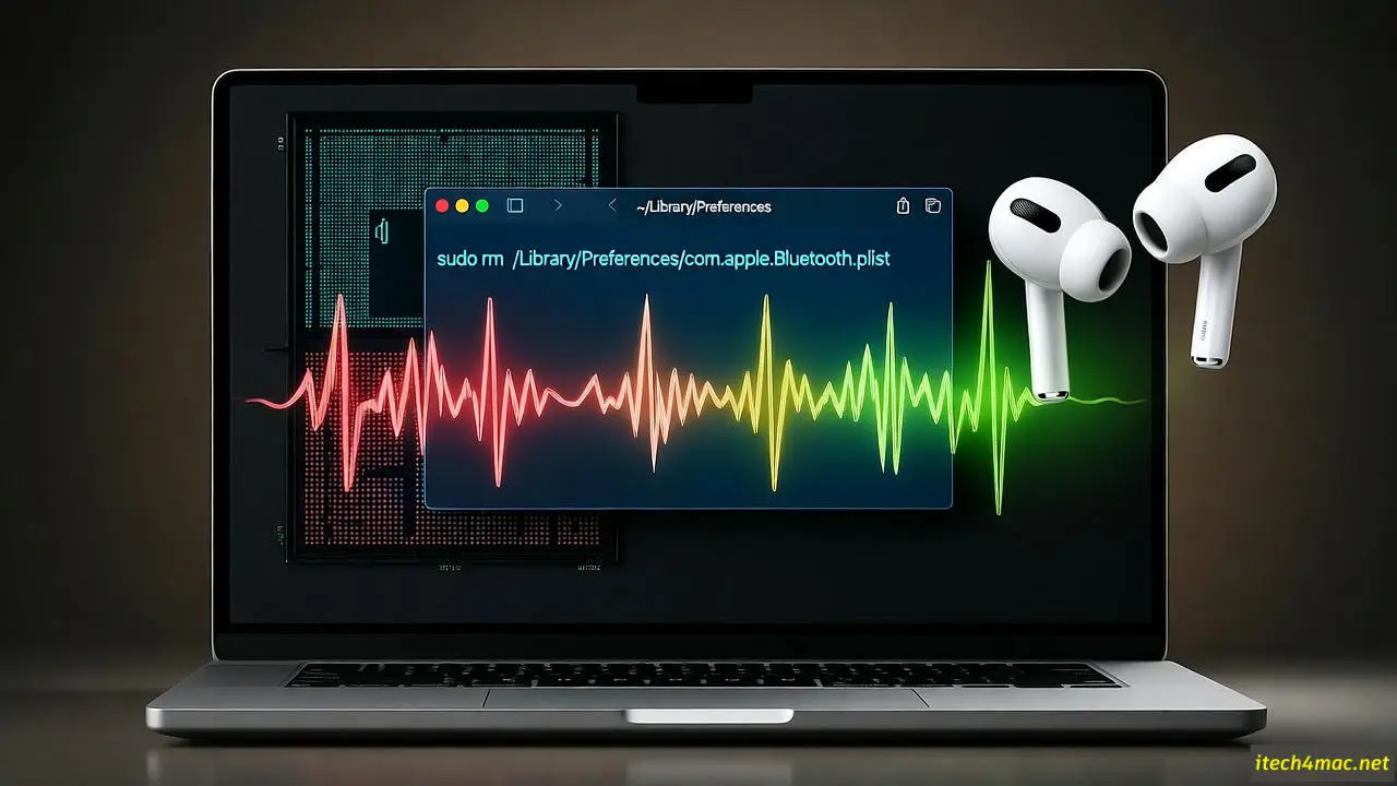macOS Tahoe Terminal window fixing AirPods crackling audio with Bluetooth reset command and sound wave visualization