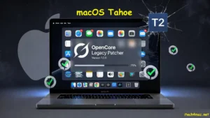 OpenCore Legacy Patcher updating old MacBook Pro for macOS Tahoe with progress bar and T2 challenge icons