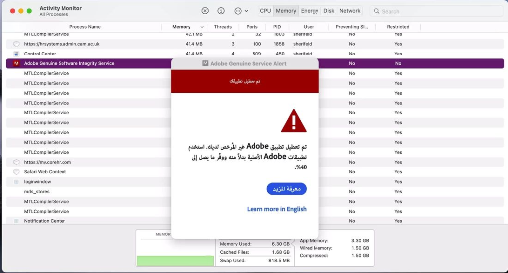 open the "Activity monitor application" and find an application called: "Adobe Genuine Software Integrity Service"