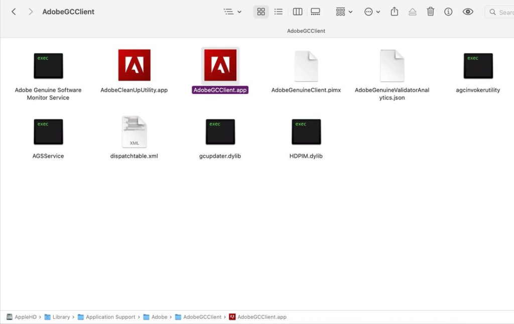 follow the path to find the application named AdobeGCClient