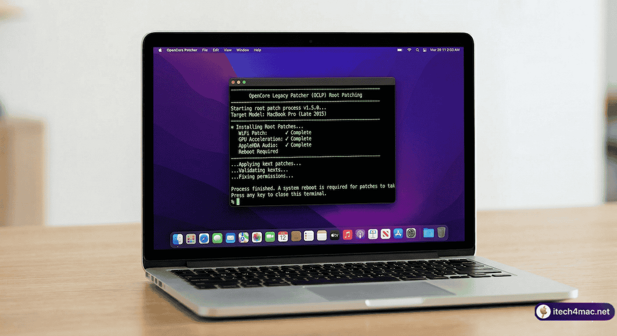 OCLP 2.4.1 post-install root patching screen on macOS Sequoia