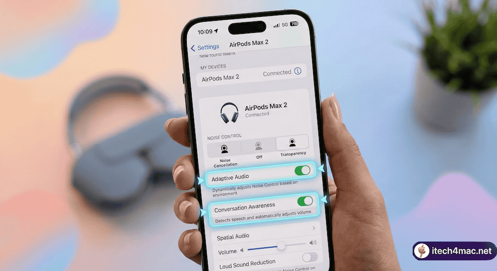 iPhone Settings screen showing AirPods Max 2 Adaptive Audio toggle in iOS 26