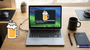 Homebrew package manager logo and macOS Terminal window 2026
