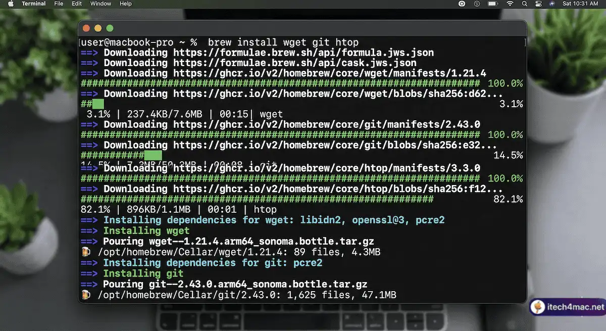 brew install command running in macOS Terminal installing multiple packages