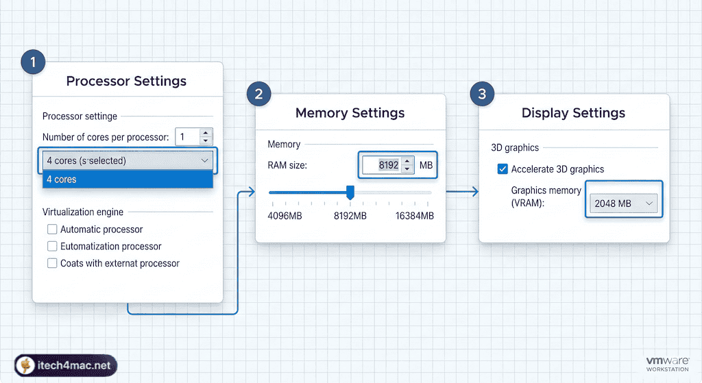 VMware Workstation VM settings showing CPU cores and RAM allocation for macOS Sequoia optimization