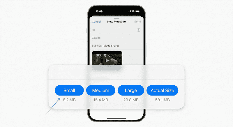 قائمة مشاركة آيفون تظهر خيارات حجم الفيديو — Small وMedium وLarge وFull Size عند الإرسال عبر Mail