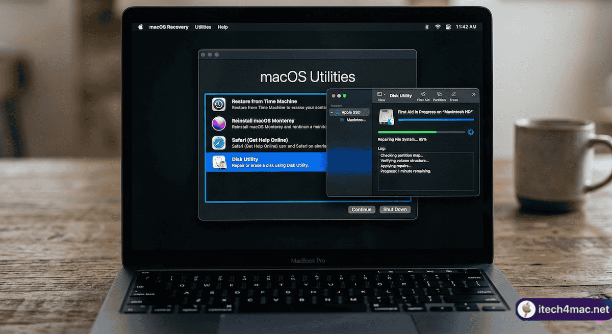 macOS Recovery Mode Disk Utility First Aid running on Mac 2026