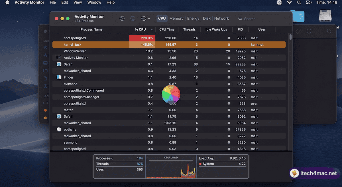 Activity Monitor on macOS Tahoe showing corespotlightd high CPU usage causing freezing