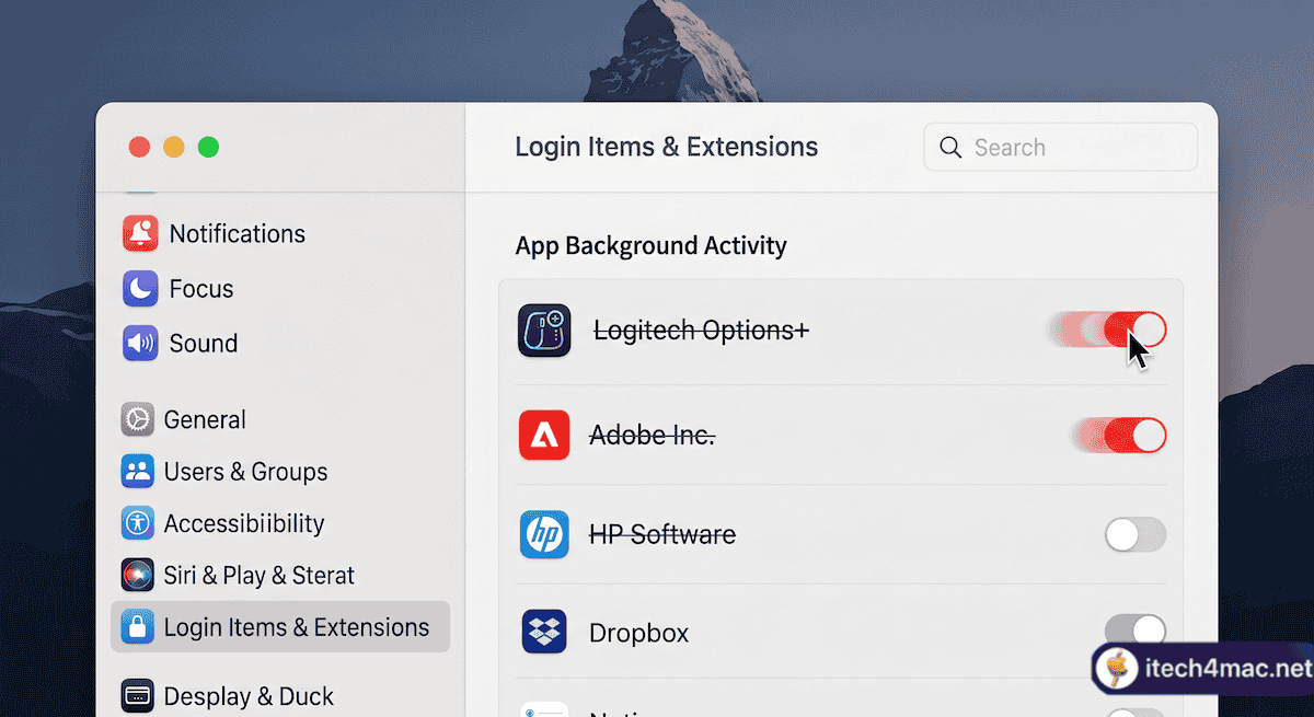 macOS Login Items Extensions settings showing third-party extensions to disable for Tahoe freeze fix