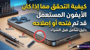 صورة مصغرة تُظهر جهاز آيفون مع صفحة سجل قطع الغيار والصيانة التي تعرض عبارة "قطعة غيار غير معروفة"، إلى جانب أيقونات X حمراء كبيرة وعنوان "كيفية التحقق مما إذا كان جهاز آيفون مستعمل قد تم فتحه أو إصلاحه"